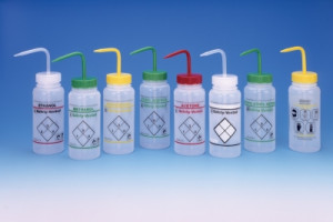 Safety Labeled Wide Mouth 2-Color Wash Bottles, Vented