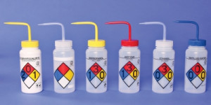 Safety Labeled Wide Mouth 4-Color Wash Bottles, Vented